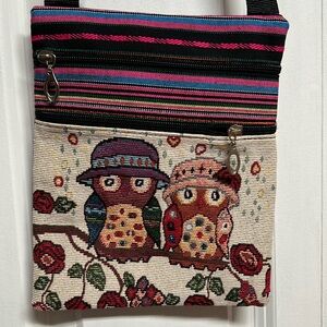 Embroidery 2 Owls Linen Cross Body Purse Shoulder Bag New